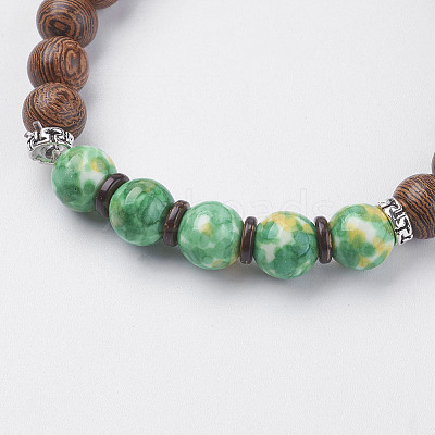 Natural Lava Rock & Wenge Wood Beads & Coconut Stretch Bracelets BJEW-I241-03N-1