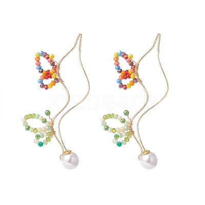 Glass Beaded Butterfly Cuff Earrings with Acrylic Pearl EJEW-JE04828-1