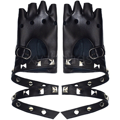 2 Pairs PU Leather Biker Punk Gloves with Belt AJEW-CL0003-02-1