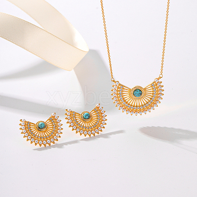 Brass Rhinestone Hollow Crescent Moon Pendant Necklace & Stud Earrings Sets with Synthetic Turquoise and Imitation Pearl LX5909-1