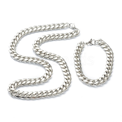 304 Stainless Steel Cuban Link Chain Bracelets & Necklaces Jewelry Sets SJEW-B019-03D-P-1