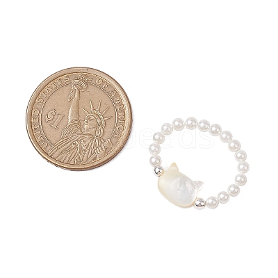 Cat Shaped Natural White Shell Beaded Stretch Finger Rings RJEW-TA00175-1