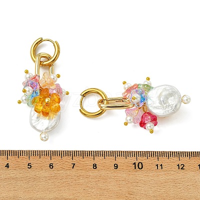Natural Nucleated Baroque Keshi Pearl & Brass & 202 Stainless Steel & Glass Hoop Dangle Earrings EJEW-JE07262-1