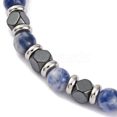 Natural Sodalite & Magnetic Synthetic Hematite Round Beaded Bracelet X-BJEW-P339-02P-05-1