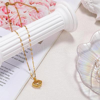 Seashell Pearl Necklace Clear Cubic Zirconia Shell Cage Dangle Necklace Summer Scallop Choker Charm Stainless Steel Jewelry for Women Beach JN1114A-1