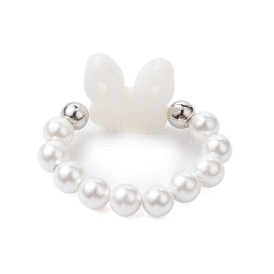 Round Shell Pearl & Brass Beads Stretch Rings RJEW-JR00689-02-1