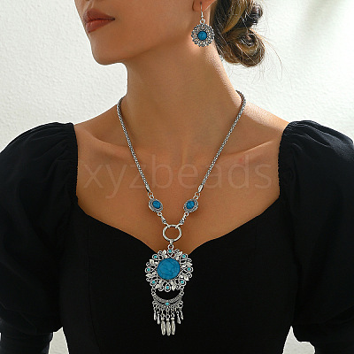 Flower Bohemian Ethnic Style Zinc Alloy & Resin Pendant Necklace & Dangle Earring Sets FS-WGD47C5-01-1