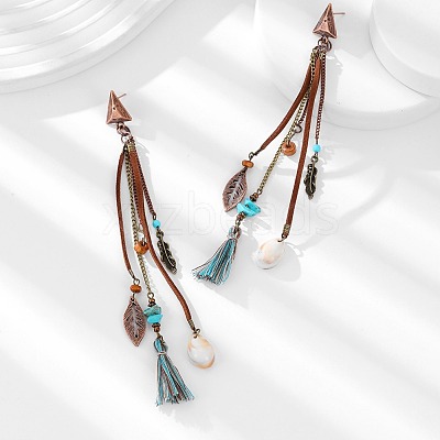 Alloy & Synthetic Turquoise & Natural Shell Tassel Dangle Stud Earrings FS-WGE89CC-01-1