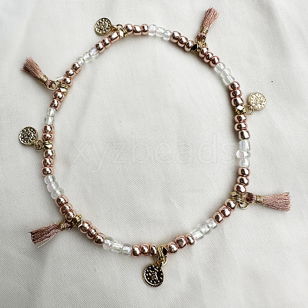 Bohemian Style Alloy Coin Charm Tassel Plastic Seed Beaded Stretch Anklets FS-WGB8A48-16-1