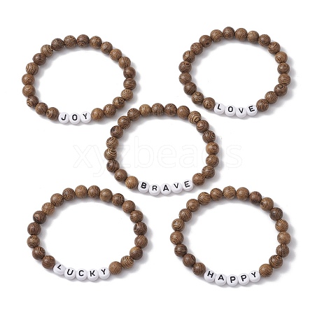 5Pcs 5 Styles Wooden Round Beaded Stretch Bracelet Sets BJEW-JB10847-1