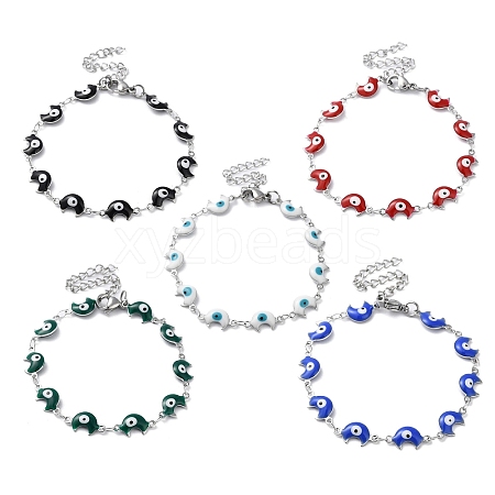 Moon with Evil Eye Enamel Link Chain Bracelet BJEW-G683-01P-1