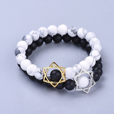 Natural Black Agate(Dyed & Heated) Bead and Natural Howlite Bead Stretch Bracelet Sets BJEW-JB04298-04-1