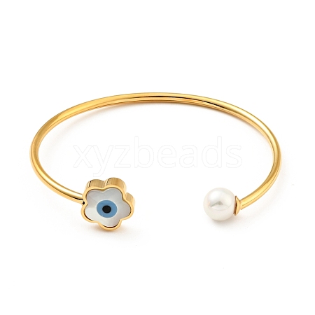 Shell Pearl & Flower with Evil Eye Open Cuff Bangle BJEW-G647-02G-1