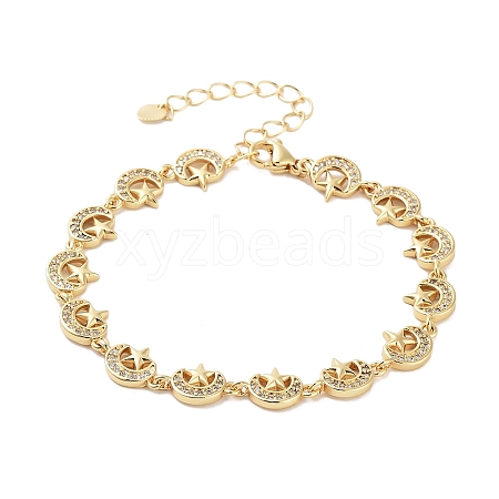 Rack Plating Brass Pave Clear Cubic Zirconia Moon Link Chain Bracelets for Women BJEW-R317-14G-1