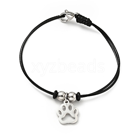 304 Stainless Steel Paw Print Charm Bracelet with Waxed Cord for Women BJEW-A125-18-1