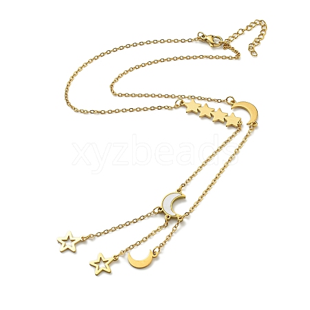 Ion Plating(IP) 304 Stainless Steel Pave Shell Moon & Star Pendant Necklaces NJEW-C057-02G-1