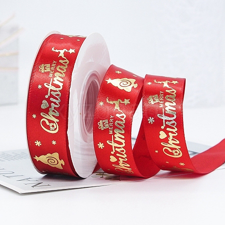 22M Flat Merry Christmas Printed Polyester Satin Ribbons XMAS-PW0001-183D-1