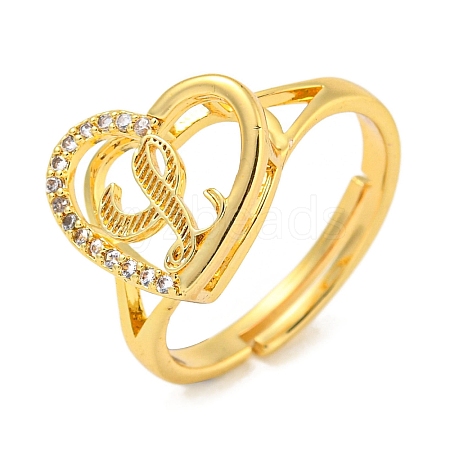 Heart with Letter Rack Plating Brass Micro Pave Cubic Zirconia Adjustable Rings for Women RJEW-I105-06G-L-1