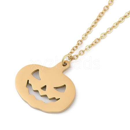 Halloween Series 202 Stainless Steel Cable Chain Pumpkin Pendant Necklaces NJEW-S005-01G-B-1