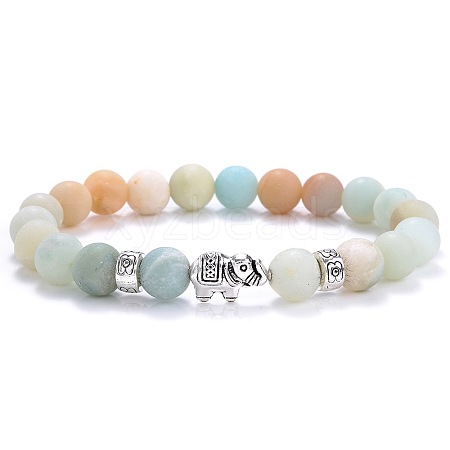 Ethnic Style Antique Silver Tone Alloy Elephant & Round Natural Flower Amazonite Beaded Stretch Bracelets for Women Men QP2163-7-1