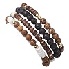 4Pcs 4 Styles Wood & Natural Lava Rock Round Beaded Stretch Bracelet Sets BJEW-JB10811-5