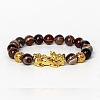 Golden Plated Alloy Pi Xiu 8MM Natural Coffee Banded Agate(Dyed & Heated) Round Beaded Stretch Bracelet for Men QJ0349-4-1