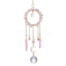 Natural Rose Quartz Chip Pendant Decorations with Brass Moon & Cable Chain & Electroplated Quartz Crystal Tassel HJEW-JM01650-04