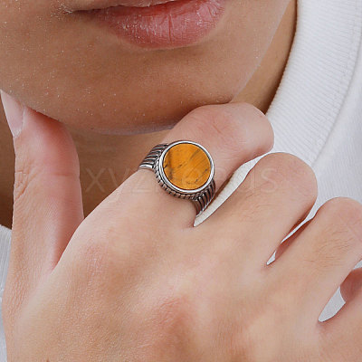 304 Stainless Steel with Natural Tiger Eye Finger Rings for Men FS-WGE1297-03-1