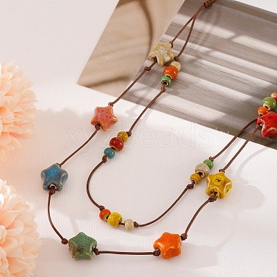Bohemian Handmade Colorful Porcelain Beaded Waxed Cord Long Necklaces for Women FS-WGF474B-04-1