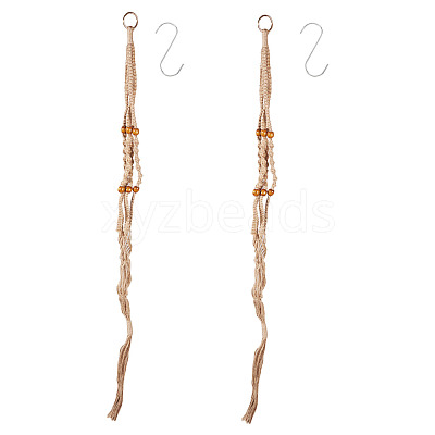 2Pcs Handmade Macrame Polyester with Wood Bead Plant Hanger AJEW-HS0001-47B-1
