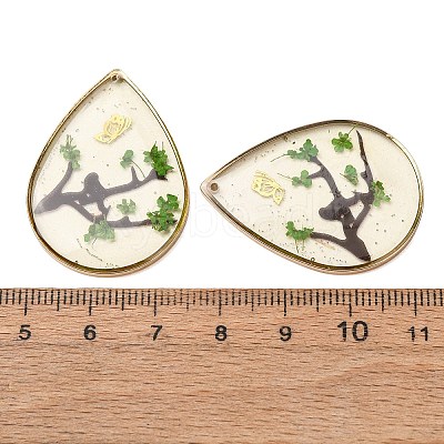 Brass & Transparent Epoxy Resin & Dried Flower Pendants RESI-G133-03G-03-1