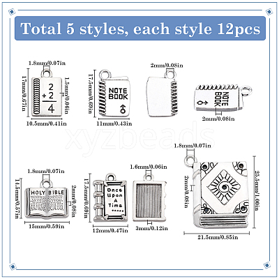 60Pcs 5 Styles Tibetan Style Alloy Pendants for Teachers' Day TIBEP-SC0003-05-1