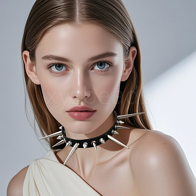 Punk Rock Style Alloy Spiked Cone Rivet Imitation Leather Chocker Necklaces NJEW-WH20011-10P-01-1