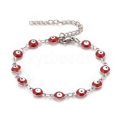 Enamel Oval with Evil Eye Link Chains Bracelet BJEW-P271-04P-01-1