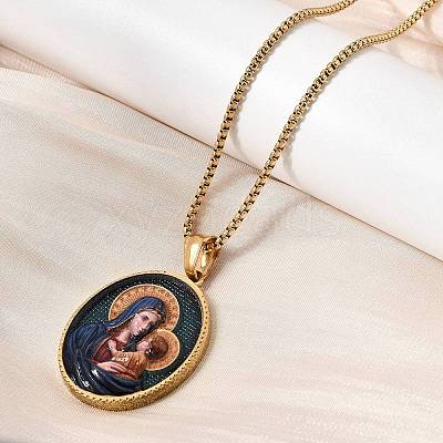 Unisex Religion 304 Stainless Steel Enamel Oval Pendant Box Chain Necklaces STAS-H258-02G-01-1