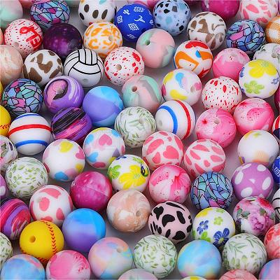 Printed Round with Flower Pattern Silicone Focal Beads SI-JX0056A-162-1