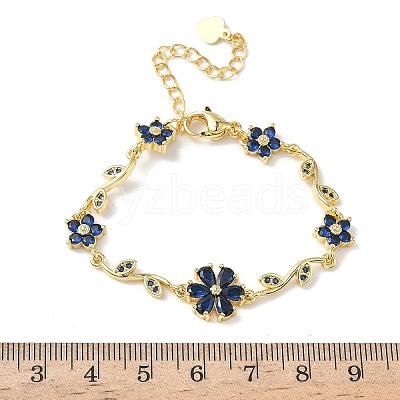 Brass Micro Pave Cubic Zirconia Flower & Leaf Link Chain Bracelets for Women BJEW-G764-03G-1