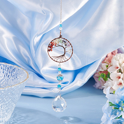 1Pc Wire Wrapped Alloy & Natural Mixed Stone Chips Tree of Life Hanging Suncatchers HJEW-TA0001-45B-1