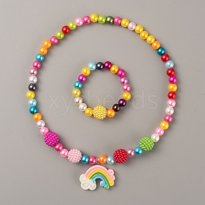 Plastic Rainbow Pendant Necklace and Round Beaded Stretch Bracelet SJEW-TAC0002-01-1