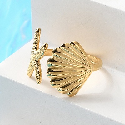 304 Stainless Steel Starfish & Shell Open Cuff Rings for Women X-RJEW-C095-09G-1