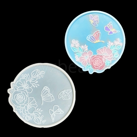 Flat Round with Flower & Butterfly Cup Mat Silicone Molds LS-DIY-M034-29-1