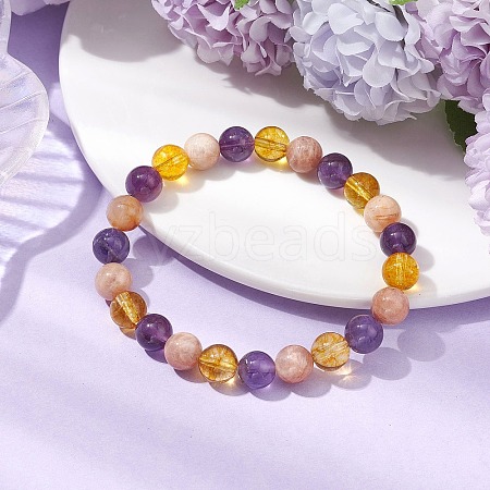 Natural Quartz Crystal & Amethyst & Sunstone Beaded Stretch Bracelets for Women BJEW-TA00552-1