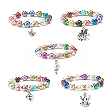 Imitation Pearl Beaded Stretch Bracelet with Drop Charm for Kids BJEW-JB07638-1