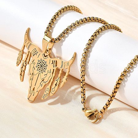 Punk Style 304 Stainless Steel Laser Cut Cattle Head Pendant Box Chain Necklaces for Women Men NJEW-E156-04G-1