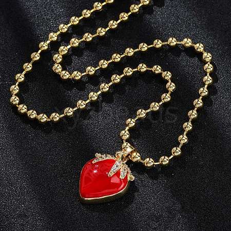 Brass Red Enamel Strawberry Pendant Ball Chain Necklaces NJEW-Z059-02G-1