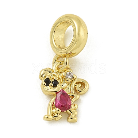 Rack Plating Brass Pave Cubic Zirconia Monkey European Dangle Charms KK-Z067-50G-02-1