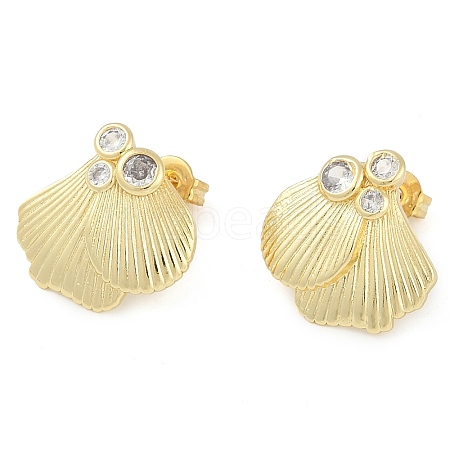 Rack Plating Shell Shape Brass Pave Clear Cubic Zirconia Stud Earrings for Women EJEW-Z059-07G-1