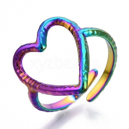 304 Stainless Steel Heart Cuff Ring RJEW-N038-123M-1