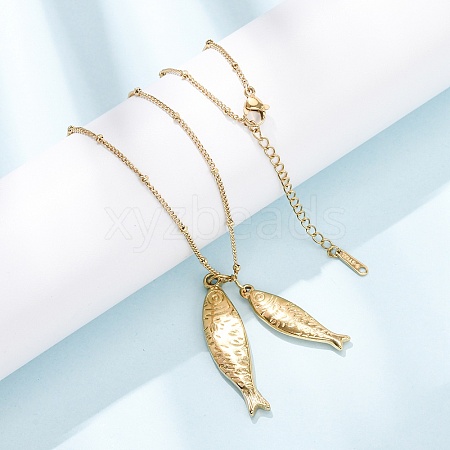 304 Stainless Steel Couple Fish Pendant Satellite Chain Necklaces for Women NJEW-Z108-02G-1