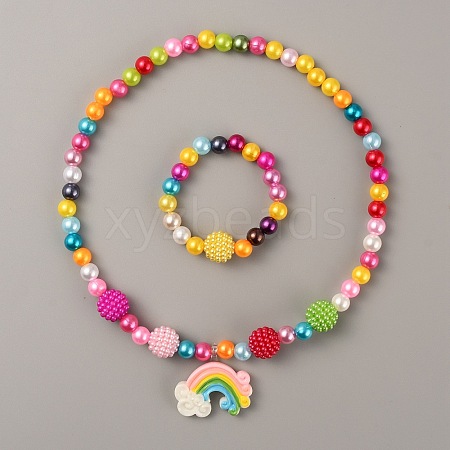 Plastic Rainbow Pendant Necklace and Round Beaded Stretch Bracelet SJEW-TAC0002-01-1